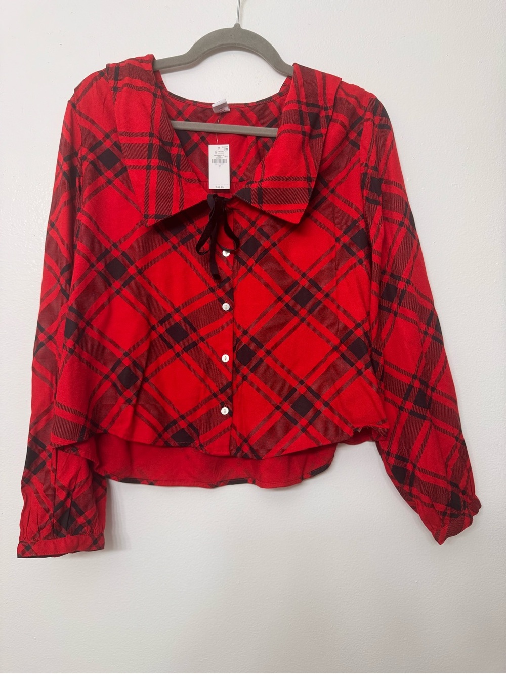 <Old Navy> Red and Black Plaid Button-Down Shirt with Tie Collar